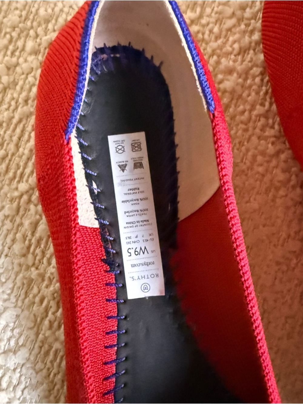Rothy's Red Pointed Knit Flats with Blue Trim - Picture 8 of 10